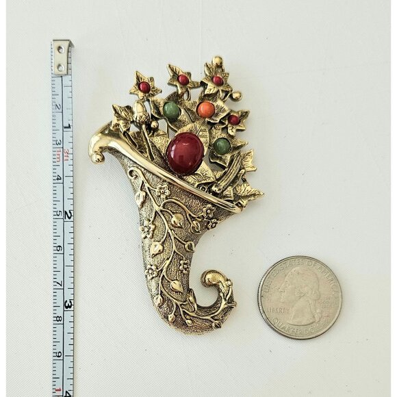 1928 Brand Autumn Leaves Fall Cornucopia Brooch Lucite Cabochon Pin, J38 - Picture 6 of 7